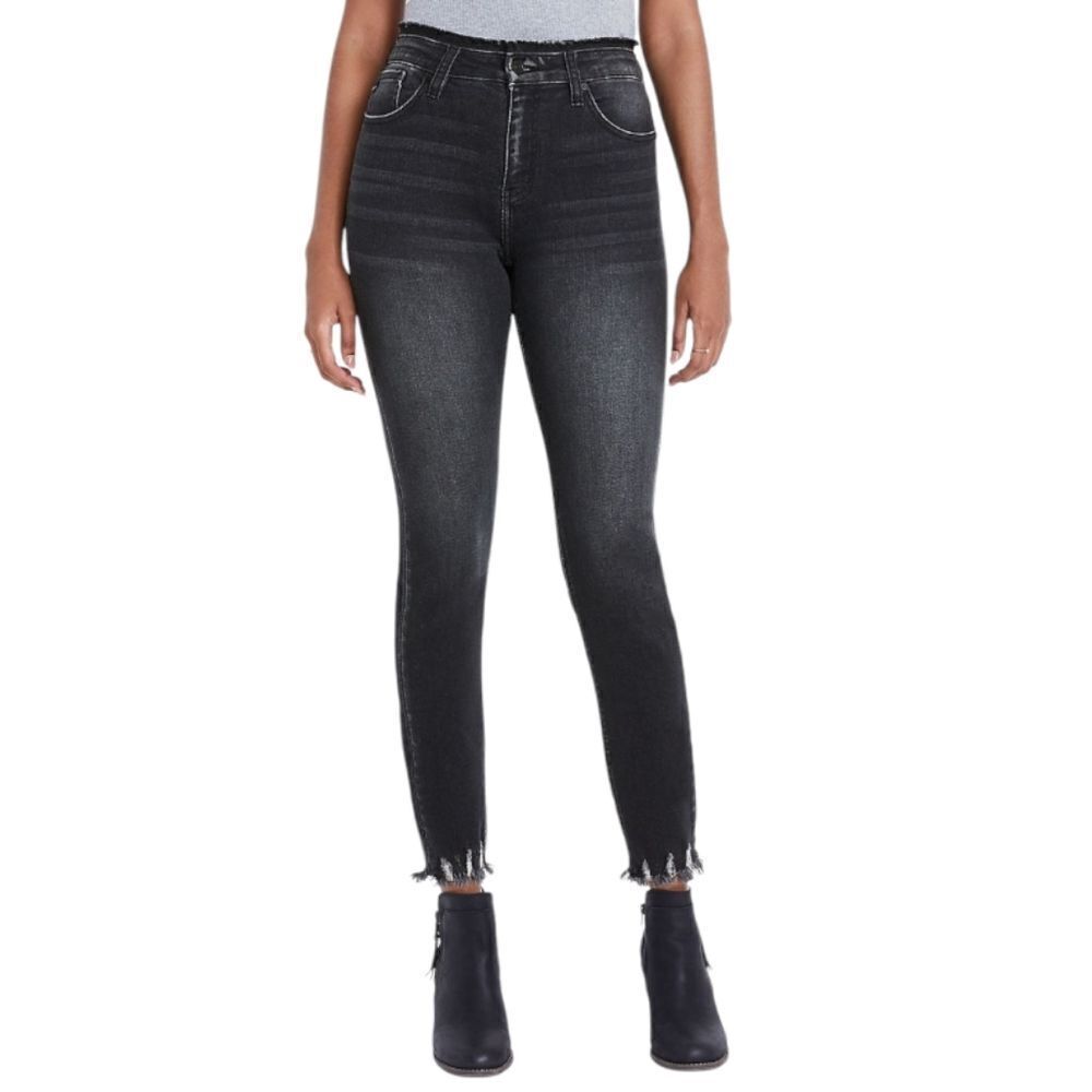 KanCan Skinny High Rise Frayed Waist Jean Black Denim Distressed